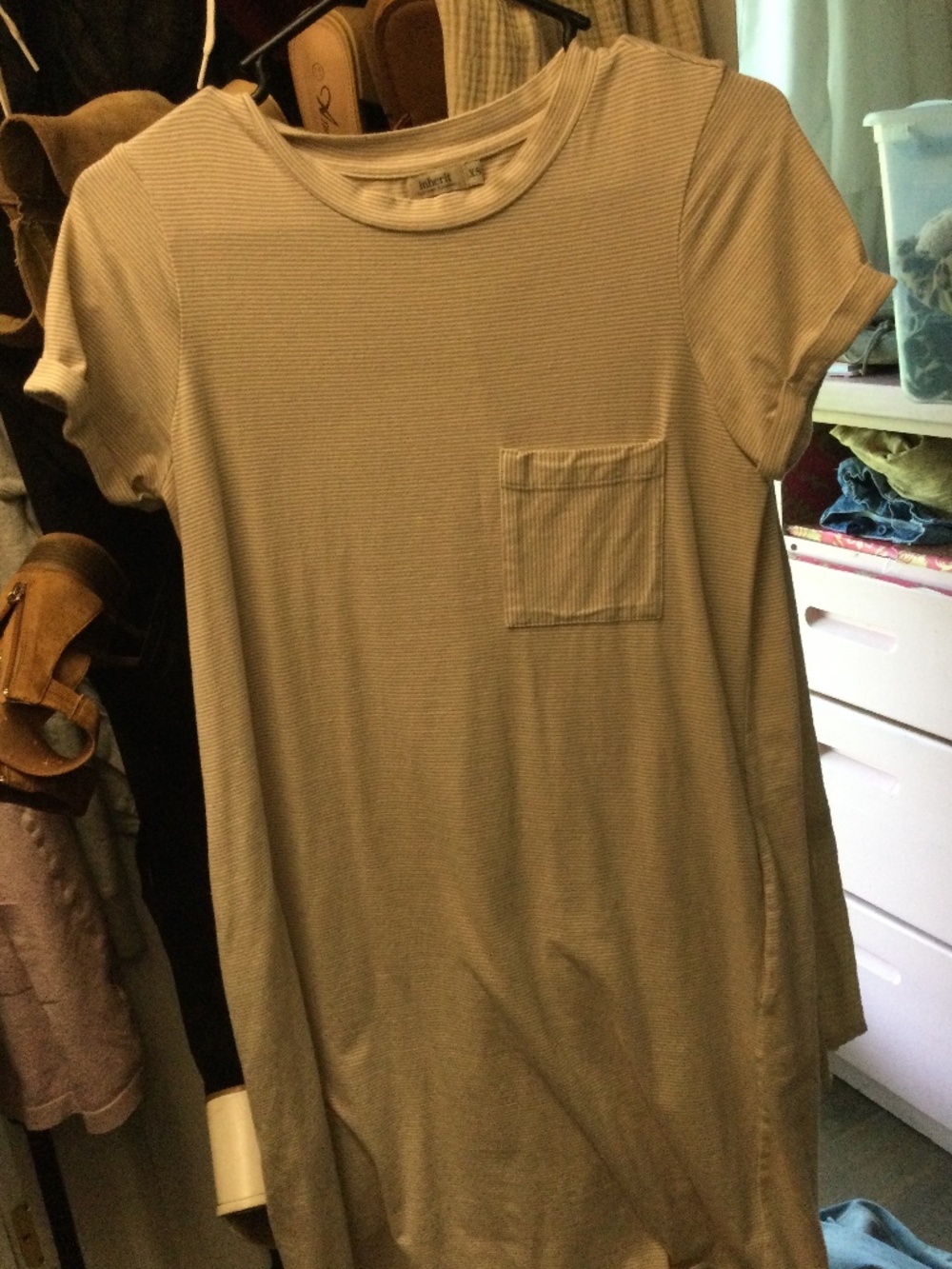 Extra small inherit write and tan stripe dress with pockets on the sides